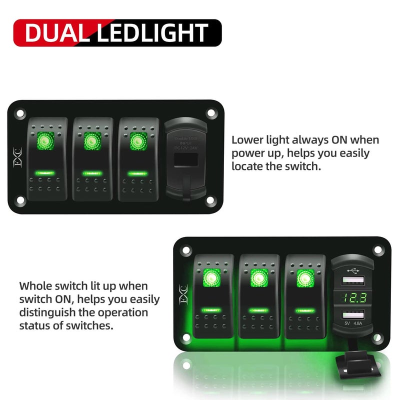 FXC 12V 24V DC 3 Gang Rocker Switch Aluminum Panel with Voltmeter & Dual USB(4.8 A) Fast Charging, Green Backlit Led, Pre-Wired Waterproof for Marine, Boat, Car, Truck, Polaris, Jeep (Green) - Image 2